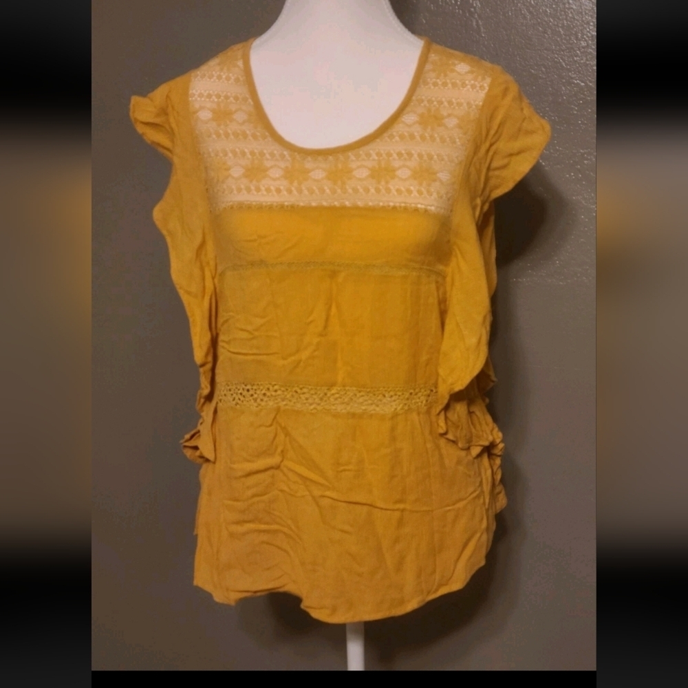 American Eagle lace up yellow mustard ruffles lightweight cotton blend top small - Picture 11 of 11